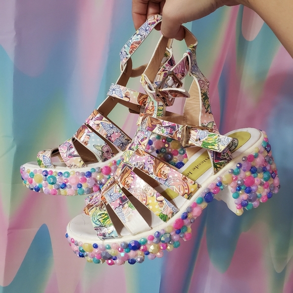 RARE Y2k Bejeweled Kawaii Pastel Nicole Lee Sandal Block Heels - Picture 2 of 10